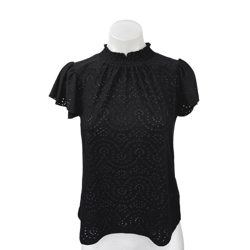 Faith & Zoe Black Eyelet Embroidered Mock Neck Short Sleeve Blouse Top Size XS